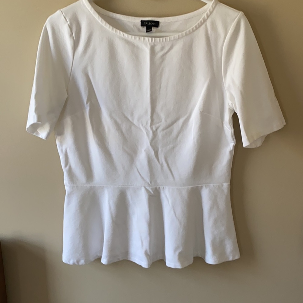 Talbots Short Sleeve Ponte Knit White Peplum Top Size S